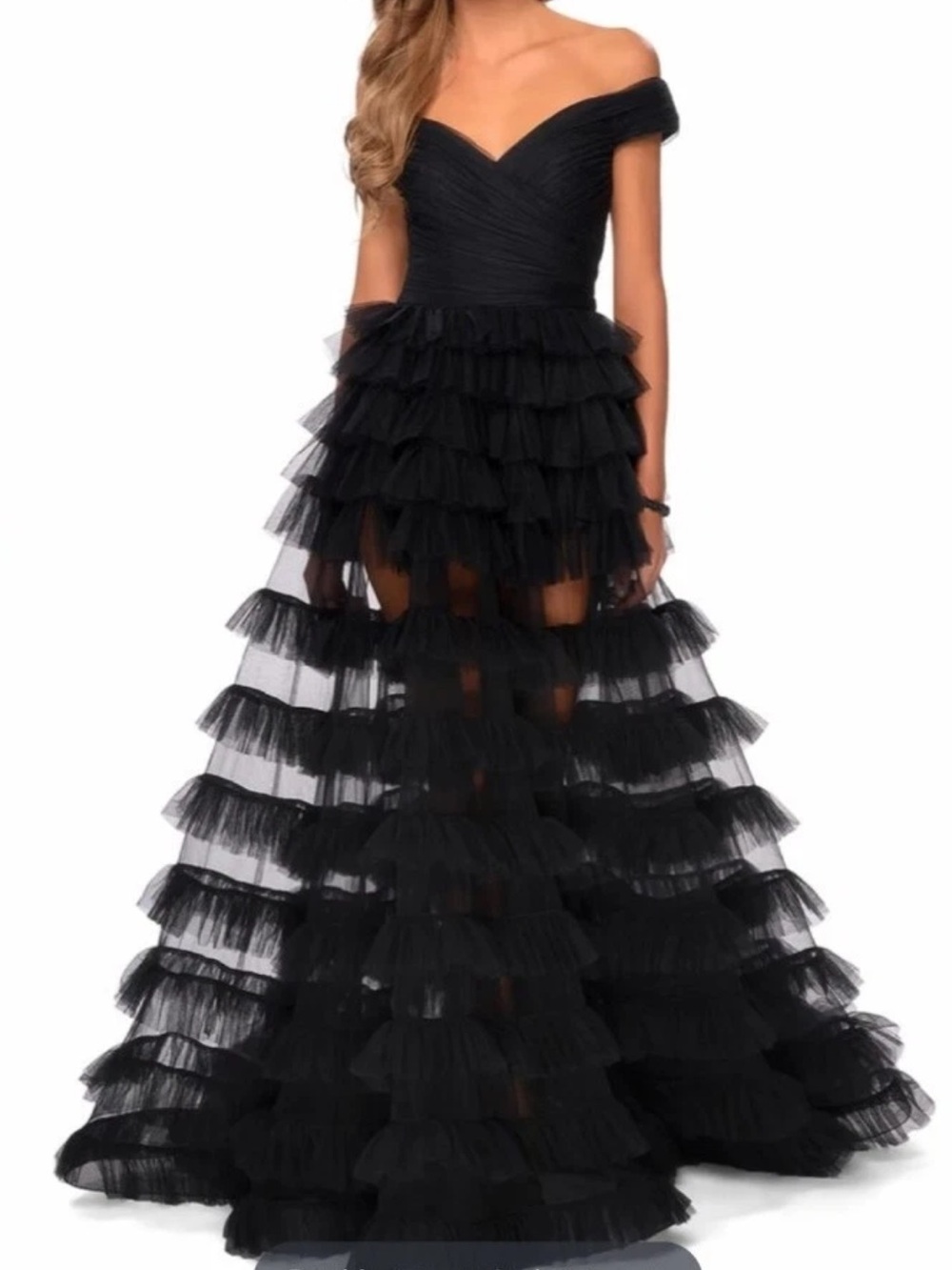LA FEMME Off-Shoulder Black Tiered Ruffle Evening Dress